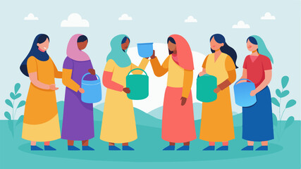 A group of women sharing a single plastic jug of water from the community well their empty pails sitting nearby.. Vector illustration