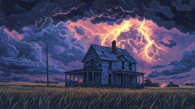 Dramatic lightning illuminates a weathered farmhouse standing isolated amidst a golden wheat field at dusk - Powered by Adobe