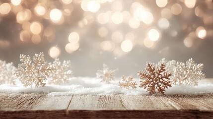 Wooden surface with delicate snowflake ornaments and soft snow in front of glowing bokeh lights. Warm festive winter setting and Christmas holiday decor concept in rustic style.