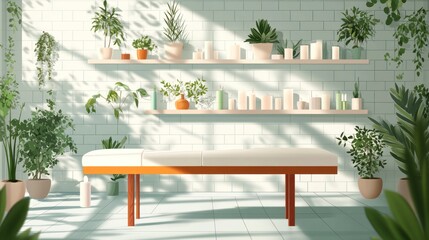 Spa room interior with plants and massage table