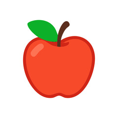A single red apple with green leaf and brown stem, isolated on white.