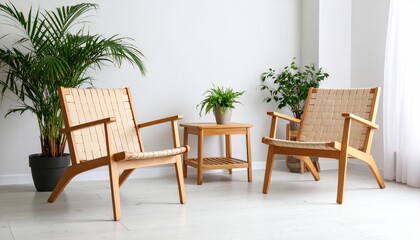Fototapeta premium Modern wooden chairs and side table