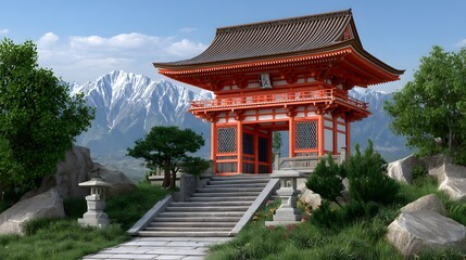 Fototapeta premium Serene Japanese Temple Gate with Mountain View Tranquil Asian Landscape Scene