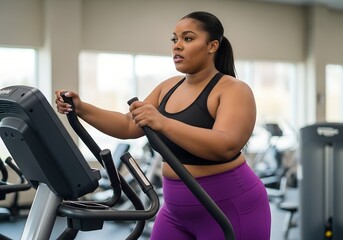 Fototapeta premium Plus size woman engages in fitness routine on elliptical machine in modern gym environment