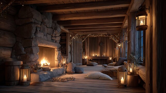 Cozy Rustic Cabin Interior with Stone Fireplace, Wooden Beams, and Candlelit Lanterns