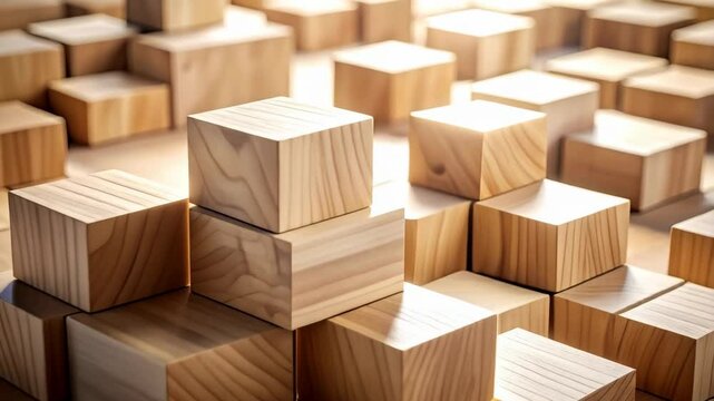 Stacked wooden cubes forming an abstract block pattern in a bright light, natural wood texture grain, geometric construction and art, creativity