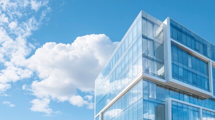 Obraz premium Modern glass office tower with clean lines in a business district, symbolizing professionalism and urban sophistication.