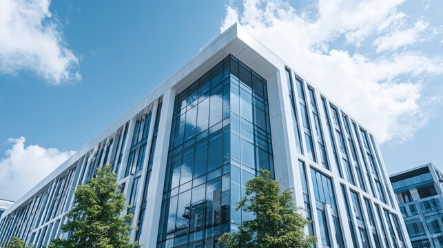 Modern glass office tower with clean lines in a business district, symbolizing professionalism and urban sophistication.