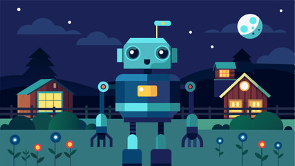 A robot equipped with multiple cameras and sensors patrols the farm at night detecting and deterring potential intruders.. Vector illustration