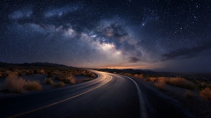 Curved Desert Road Under a Starry Night Sky with Milky Way Panorama View