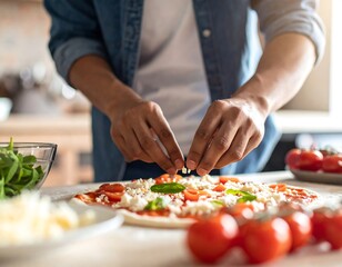 Person adding toppings to pizza (1)