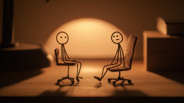 Sitting opposite another, the stick figure presents their qualifications, embodying the pursuit of a new career.
- Powered by Adobe