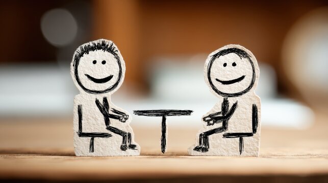 Across the desk, a stick figure shares their skills and experience, symbolizing the job interview process.
