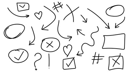 Hand drawn line chalk brush stroke arrow icon set. Chalk crayon underline, check mark, scribble and texture in Scribble marker art. Line, shape punk, frame, doodle grafiti. Vector illustration