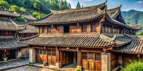 Fototapeta premium Traditional Chinese village house with tiled roof and intricate carvings, Chinese architecture,