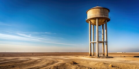 A large water tower standing alone in a barren landscape with the underside partially exposed , outdoor