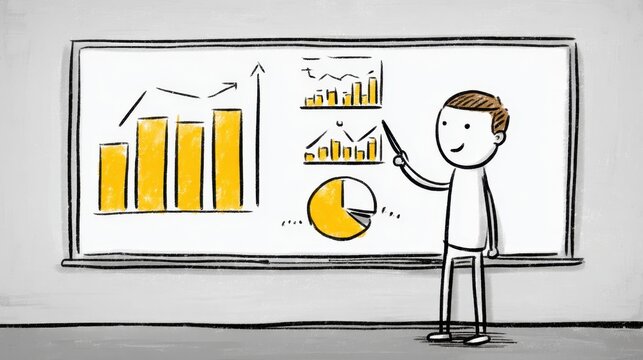 The stick figure explains data on a whiteboard, effectively guiding colleagues through complex information.
