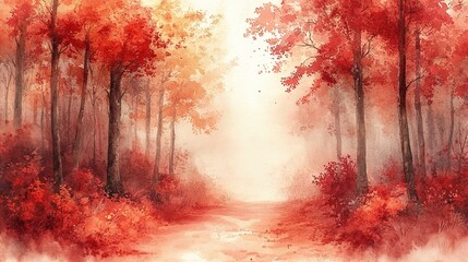 Ethereal impressionistic watercolor forest with warm autumn leaves filtering through the trees in soft sunlight creating a dreamy and atmospheric detailed art style.