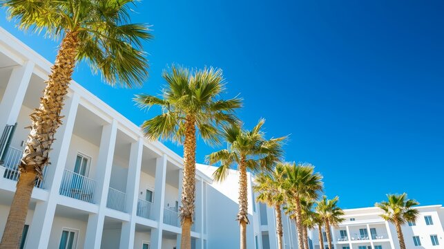 Luxury Hotel Exterior with Palm Trees and Clear Blue Sky - Promotional Concept for Travel Destinations