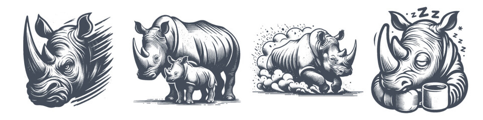 Obraz premium Vintage Hand-Drawn Rhinoceros Collection Illustration, Wildlife Animal Engraved Style Vector for T-Shirts and Safari Themes Design