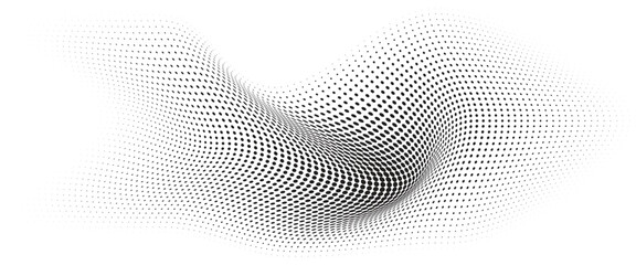 Flowing Wave Dot Halftone Pattern: Curve Gradient Shape on Transparent Background. Suitable for AI, Tech, Network, Digital, Science, and Technology Themes.