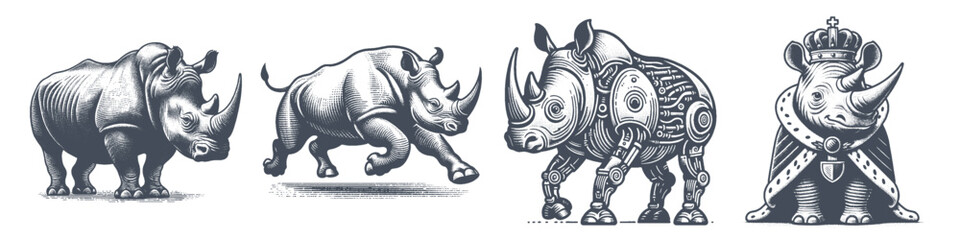 Obraz premium Vintage Hand-Drawn Rhinoceros Character Illustration, Wild Animal Engraved Style Vector for T-Shirts and Fantasy Themes Design