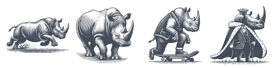Obraz premium Vintage Hand-Drawn Rhinoceros Playing Skateboard And Rhinoceros As King Illustration, Wildlife Animal Engraved Style Vector for T-Shirts and Urban Street Themes Design