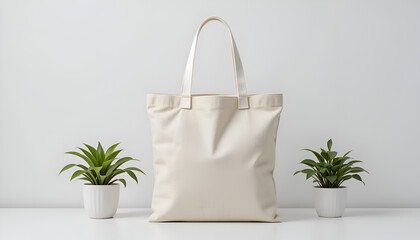 Minimalist Beige Canvas Tote Bag with Long Handles – Front View with Potted Plants on White Background

