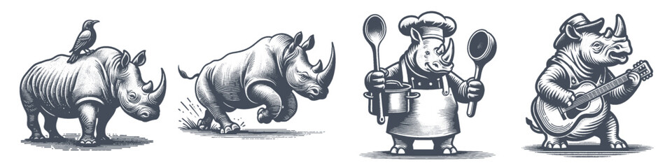 Vintage Hand-Drawn Rhinoceros Collection Illustration, Wildlife Animal Engraved Style Set Vector for T-Shirts and Nature Themes Design