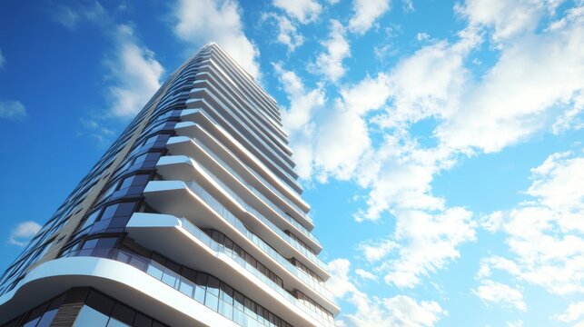 Low-angle view of a modern high-rise building against a vibrant blue sky with fluffy clouds.