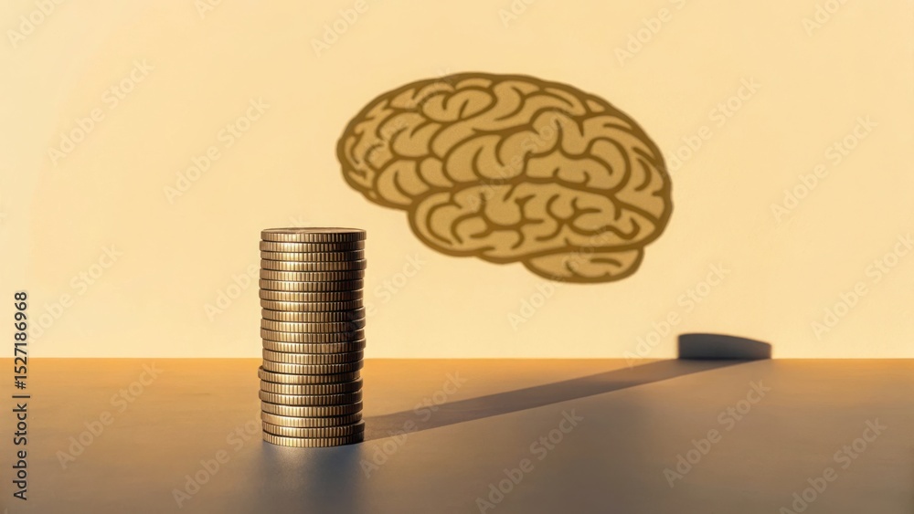 Aufkleber Stack of Coins Casting Brain Shadow on Simple Background