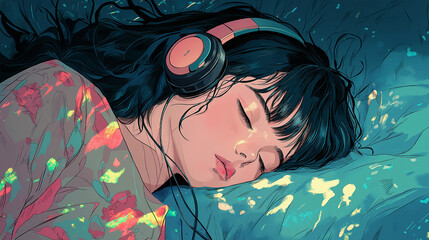 Girl Sleeping with Headphones – Listening to Music Illustration