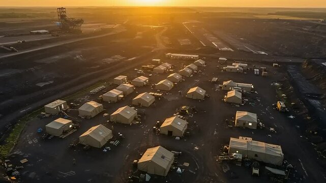 Temporary housing structures in a quarry at sunrise.
