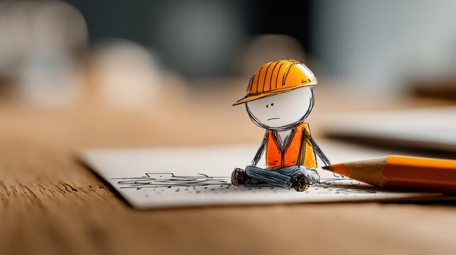 A stick figure wearing a hard hat and safety vest, demonstrating commitment to maintaining a safe and secure working environment.
