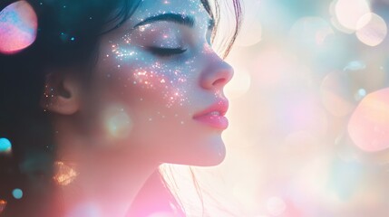 Dreamy Portrait of a Girl with Glitter Makeup and Bokeh Background