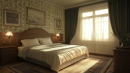 Fototapeta premium cozy hotel room featuring large bed, warm lighting, and elegant decor