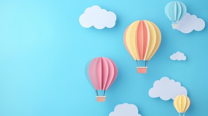 Fototapeta premium Paper art style colorful hot air balloons floating in sky with clouds and sun, flat vector illustration, bright cute cartoon design, simple lines, minimalism, shadowless, clear details, high resolutio
