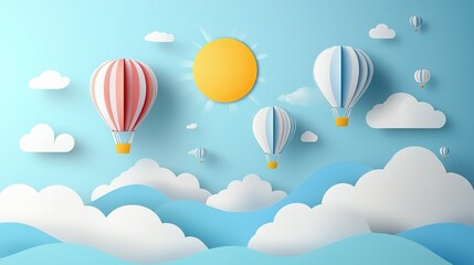 Paper art style colorful hot air balloons floating in sky with clouds and sun, flat vector illustration, bright cute cartoon design, simple lines, minimalism, shadowless, clear details, high resolutio