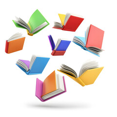 Colorful hardcover books soaring mid-air with open pages fluttering, isolated on white background.