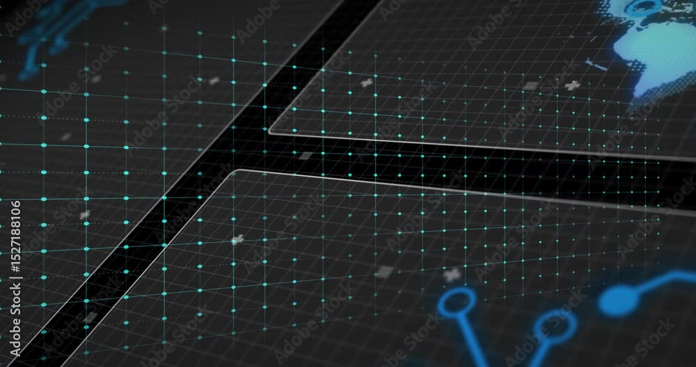 Poster Glowing pulse line oscillating across grid initiating 3D globe and nodes rising visualizing data