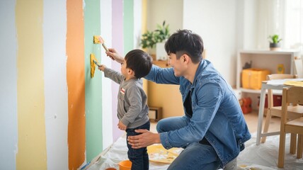 An Asian father and his little son have fun painting a wall with colorful stripes, bonding over a creative home improvement project