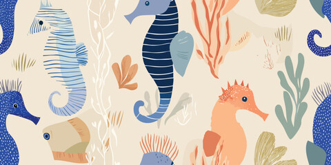 Playful Seahorse Marine Life Seamless Pattern. Colorful Ocean Aquatic Nature Design for trendy design, textile, packaging, fabric, wallpaper, branding, stationery, wrapping paper interior decor.