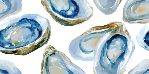 Abstract Watercolor Oyster Shell Seamless Pattern. Coastal Marine Life Nature Design for trendy design, textile, packaging, fabric, wallpaper, branding, stationery, wrapping paper interior decor.