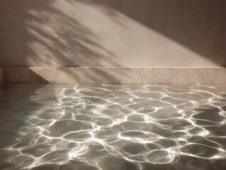 Sunlight creating ripples on water surface with shadows on beige wall, natural light