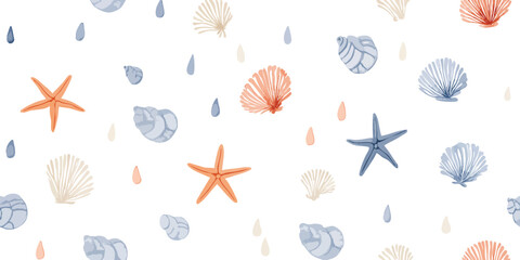 Cute Coastal Shell Starfish Seamless Pattern. Playful Marine Ocean Beach Design for trendy design, textile, packaging, fabric, wallpaper, branding, stationery, wrapping paper interior decor.