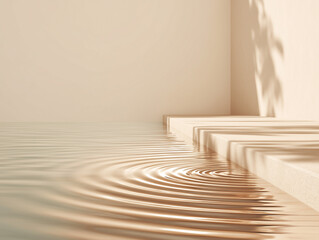 Minimalist water ripple near beige steps with soft shadows and neutral tones