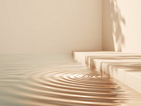 Minimalist water ripple near beige steps with soft shadows and neutral tones