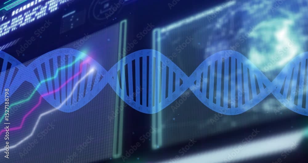 Aufkleber tech interface animating waveform pulses and code flashes, globe brightening for dna helix readout