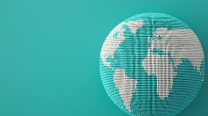 A digital globe formed by small spheres on a teal background, highlighting continents in a 3D pixelated style.