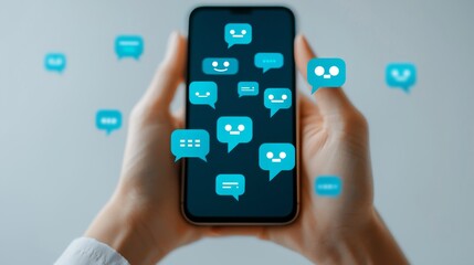 A person holds a smartphone with multiple blue chat bubbles floating around, symbolizing active messaging and communication.